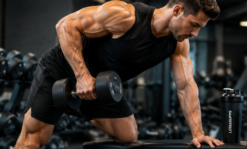 Fitness enthusiast using legal sports supplements during a strength training workout in a modern gym